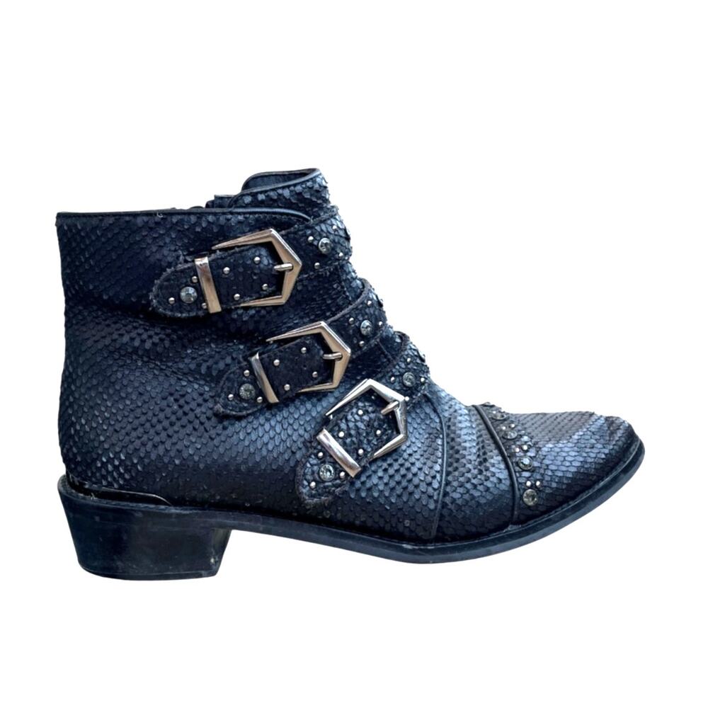 Alma en Pena Black Leather Studded Buckle Western Ankle Boots EU 40 US 9.5